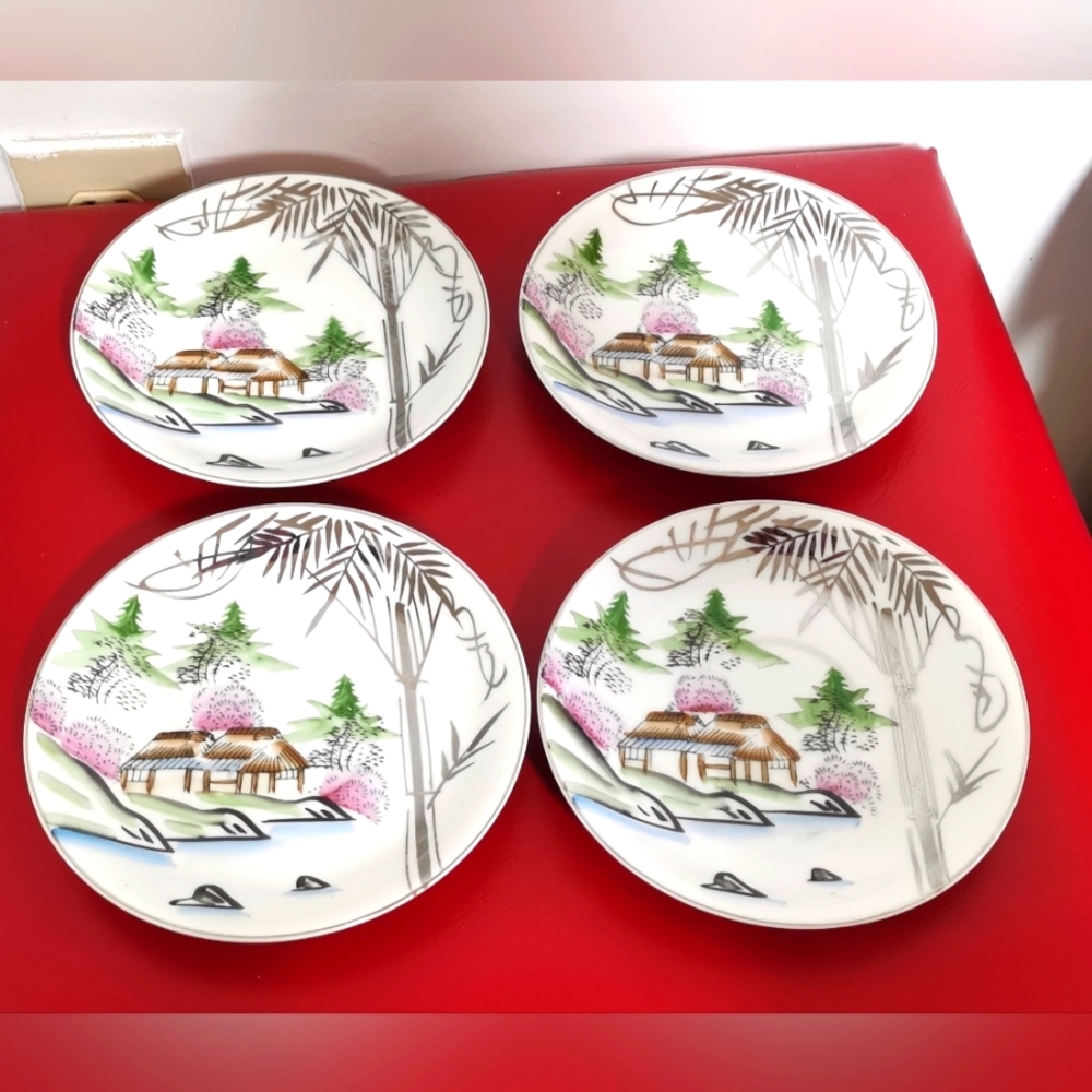 Set of 4 Japan Kutani Hand Painted Silver Bamboo House Water View Plates 5.5"